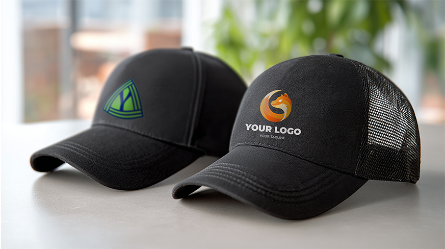 Two caps, one with YOUR LOGO and fox emblem, one with green-blue triangle logo, indoor setting