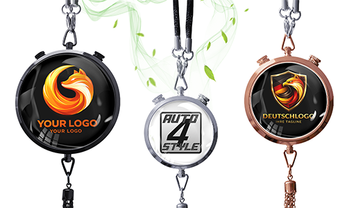 Three stopwatch pendants: black YOUR LOGO with flame, silver AUTO 4 STYLE, rose gold DEUTSCHLOGO with tagline