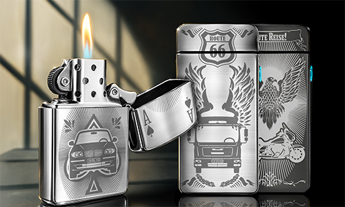 Engraved stainless-steel lighters displayed with car, truck, and motorcycle designs, showcasing personalized gifts for vehicle enthusiasts