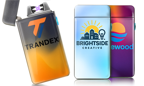 Three plasma lighters: TRANDEX with arc and T logo, BRIGHTSIDE CREATIVE with sun and bulb, ewood with waves