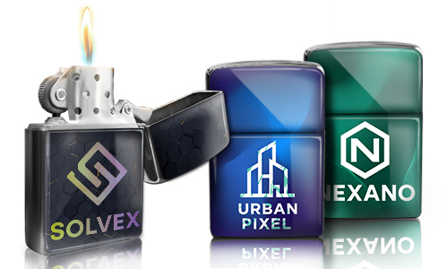 Three lighters: SOLVEX with flame and hex pattern, URBAN PIXEL with cityscape, NEXANO with green hex logo