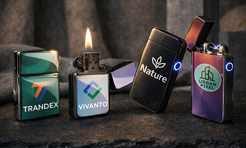 Five lighters on dark surface: TRANDEX, VIVANTO with flame, Nature with leaf, URBAN PIXEL, electric lighter with blue ring