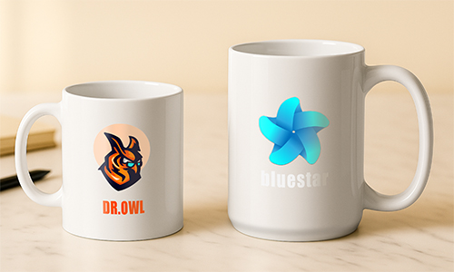 Two branded mugs: Dr.Owl with orange-black owl logo, Bluestar with blue gradient star design