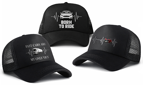 Three black mesh trucker hats: center white car BORN TO RIDE, left white car FAST CARS ARE MY ONLY VICE, right red motorcycle