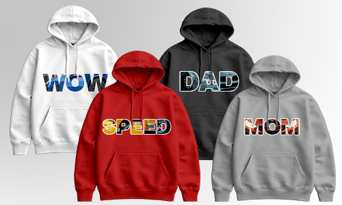 Four hoodies in semi-circle: white WOW, red SPEED, black DAD, gray MOM, bold colorful lettering on gradient background