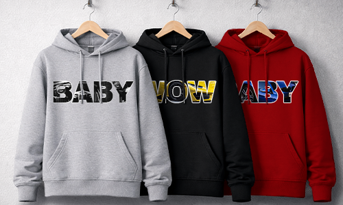 Three hoodies on hangers: gray BABY with camouflage letters, black WOW metallic yellow, red BABY with blue graphic accents