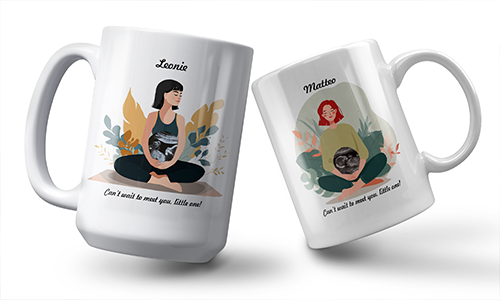 Two mugs with pregnant women illustrations, names Leonie and Matteo, caption: Can’t wait to meet you