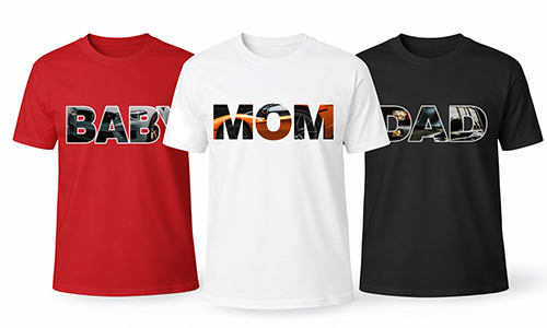 Three t-shirts side by side: red with BABY, white with MOM, black with DAD, bold scenic text designs