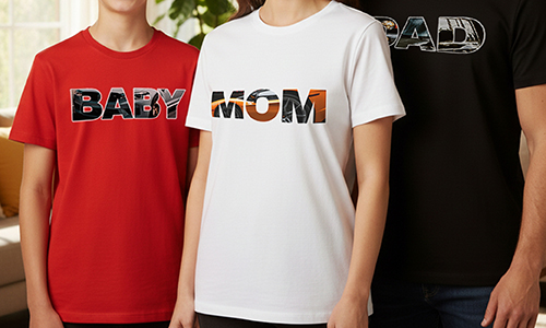 Three people in themed t-shirts: BABY in red, MOM in white, DAD in black, bold patterned text designs
