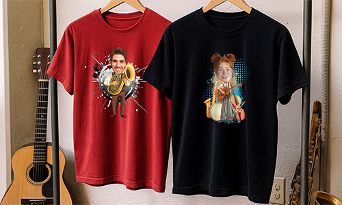 Two personalized cartoon-style music t-shirts with real faces hang on a wall, showcasing creative instrument-themed designs