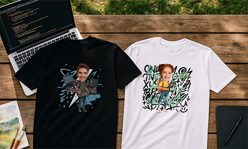 Two personalized cartoon-style t-shirts with tech and study themes, laid out among creative and travel gear