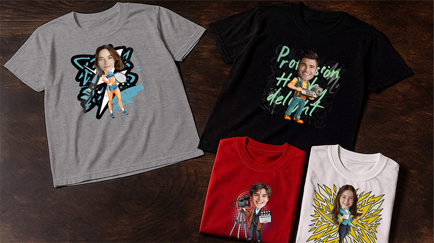 Personalized t-shirts with unique designs, featuring vibrant colors and stylized characters for various hobbies and professions