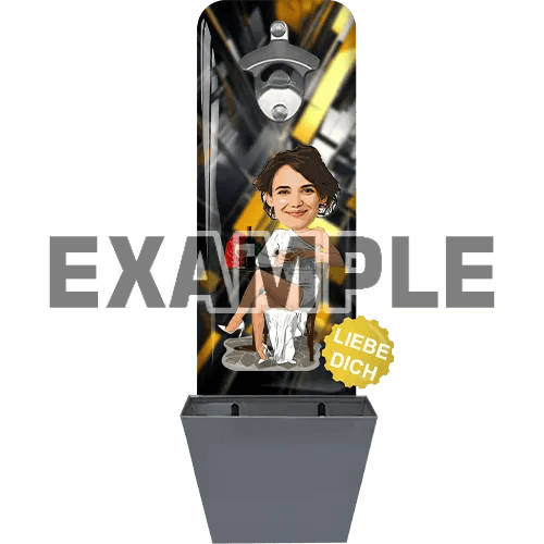 Personlig väggmonterad kapsylöppnare med kapsyluppsamlare, i seriestil, gjord med kundens ansikte