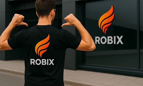 Personen pekar på en personlig svart t-shirt med ”ROBIX”-flamlagan som matchar branding på fönstret i bakgrunden.