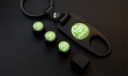 Custom logo tire valve caps with matching branded keychain, personalized automotive accessory set