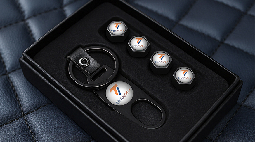 Custom logo tire valve caps gift set with branded keychain
