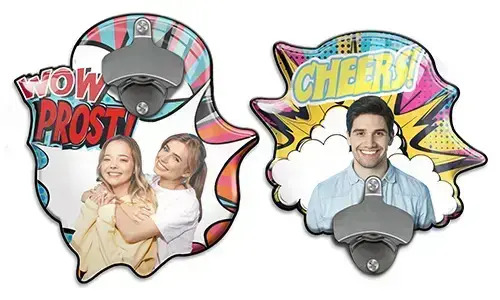 Vægflaskeåbner med fotokarikatur