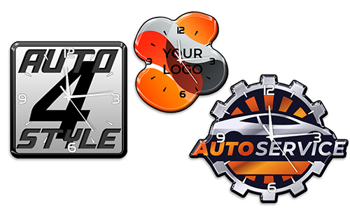 Three automotive wall clocks: square AUTO 4 STYLE, abstract YOUR LOGO, gear-shaped AUTO SERVICE with car silhouette