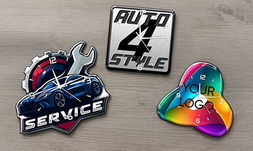 Three custom wall clocks: left SERVICE with car and gear, middle AUTO 4 STYLE square, right abstract YOUR LOGO design