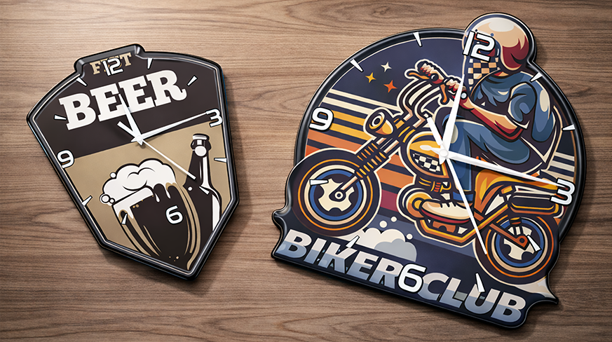 Two decorative wall clocks: left beer-themed with BEER text and mug, right motorcycle-themed BIKER6CLUB design