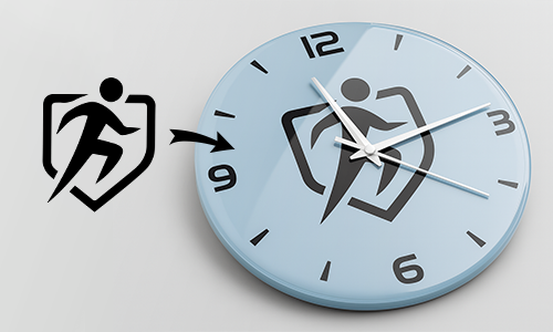 Light blue wall clock with black markers and white hands at 10:10, center logo of running figure inside shield