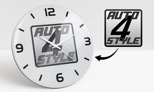 Round wall clock with AUTO 4 STYLE logo at center, time around 1:52, magnified logo shown beside with arrow pointing