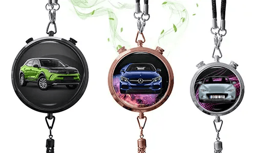 Three pendant-style frames with car images: black with green SUV, rose gold with blue Mercedes, silver with white car