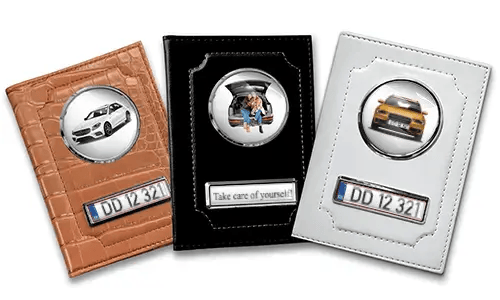 Standard car document holder with car/photo and license plate for your best friends