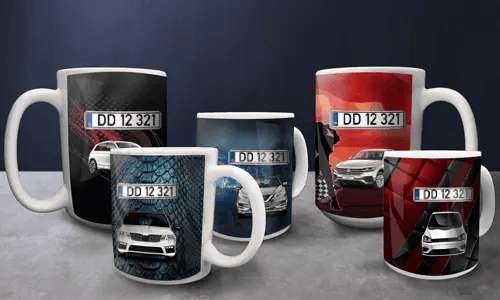 Three vehicle-themed mugs: green motorcycle with lightning and 