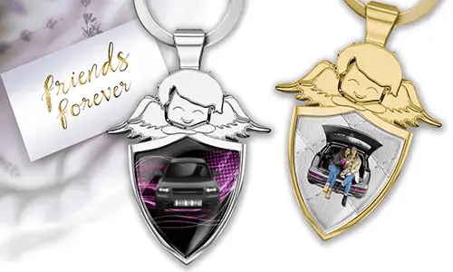 Portachiavi angelo custode con il veicolo del tuo migliore amico