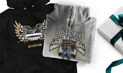 Hoodie with car motif for husband