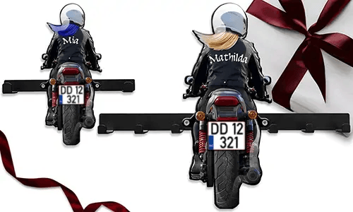 Einzigartige Schlüsselhalter-Wand für deine Motorradfahrerin mit ihrem Namen und Kennzeichen