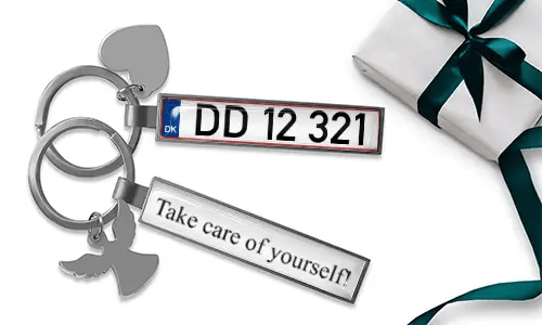 Personalized license plate keychain for son with heart charm and wing pendant