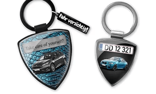 Llavero en forma de escudo para amantes de los coches
