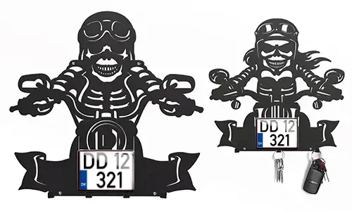 Nástěnný držák na klíče s kostlivcem pro motorkáře