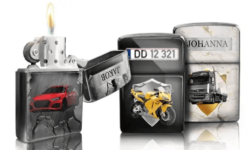 Three metallic lighters with custom designs: a red car, yellow motorcycle with license plate, and a truck with 