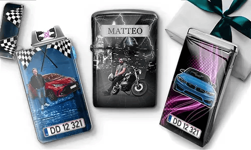 Three personalized lighters with printed images: a red car with a person, a motorcycle scene with lightning, and a blue car with 