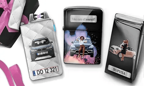 Stylish lighters featuring women posing with luxury cars. Text reads 