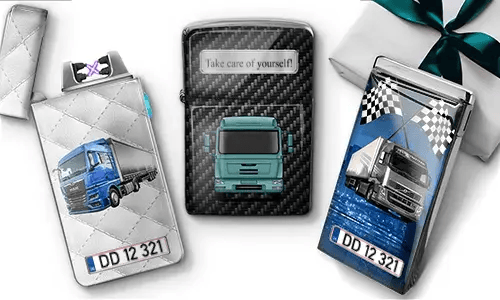 Three rectangular tins with truck designs: left has an orange sunset and truck, center features a green truck with 