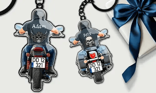 Motorfiets sleutelhanger met naam en kenteken voor beste vrienden