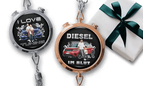 Two pocket watches with chains: silver with green car and 