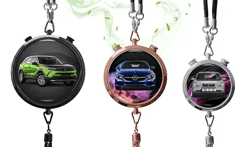 Three pendant-style frames with car images: black with green SUV, rose gold with blue Mercedes, silver with white car