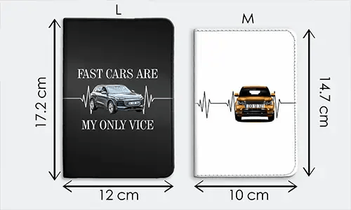Two notebook covers labeled L and M: black 17.2x12 cm with car and FAST CARS quote, white 14.7x10 cm with car graphic only