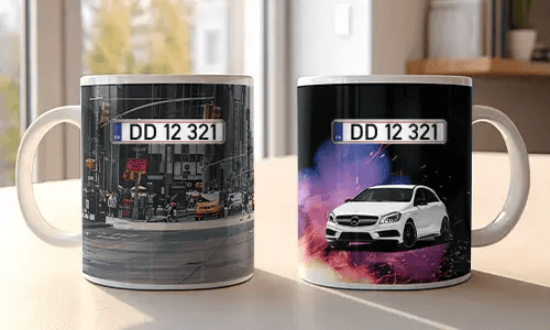 Two white mugs with car-themed prints: red BMW in urban setting, white Mercedes with sparks and colorful background