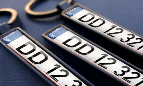 Personalized license plate keychains display engraved numbers and custom text in metal frames