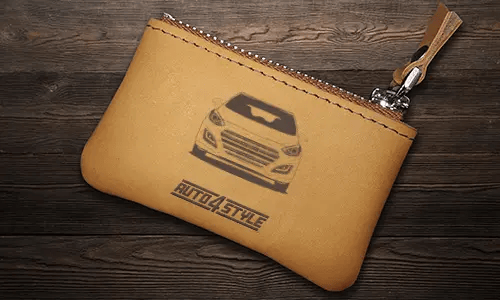 Brown leather key pouch with zipper, printed car and plate 