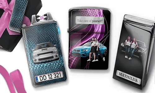 Three custom electronic lighters with car-themed photo prints: blue BMW with 