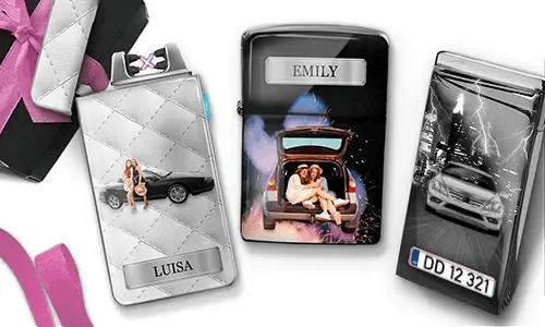 Drei personalisierte Feuerzeuge mit Auto-Motiven und den Namen „Luisa“ und „Emily“ sowie rosa Akzenten. Die Verpackung verleiht eine festliche Stimmung.