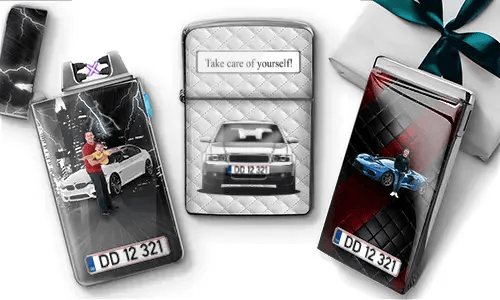 Three personalized lighters featuring different car-related designs. The center lighter reads 
