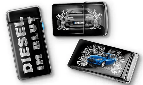 Three black car-themed lighters with metallic accents. One has 